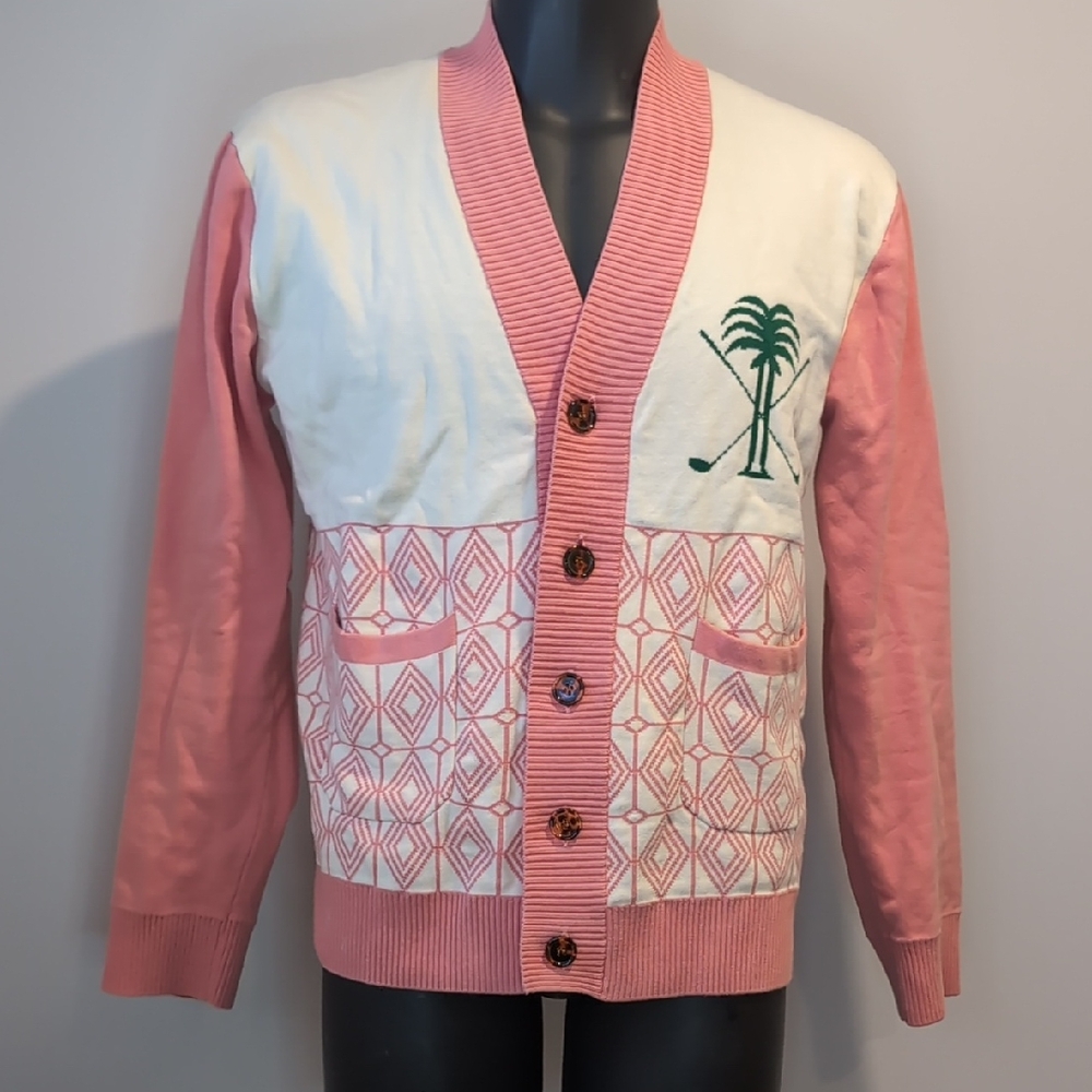 Bogey Boy's Pink and White Golf Cardigan Sweater with Palm Embroidery